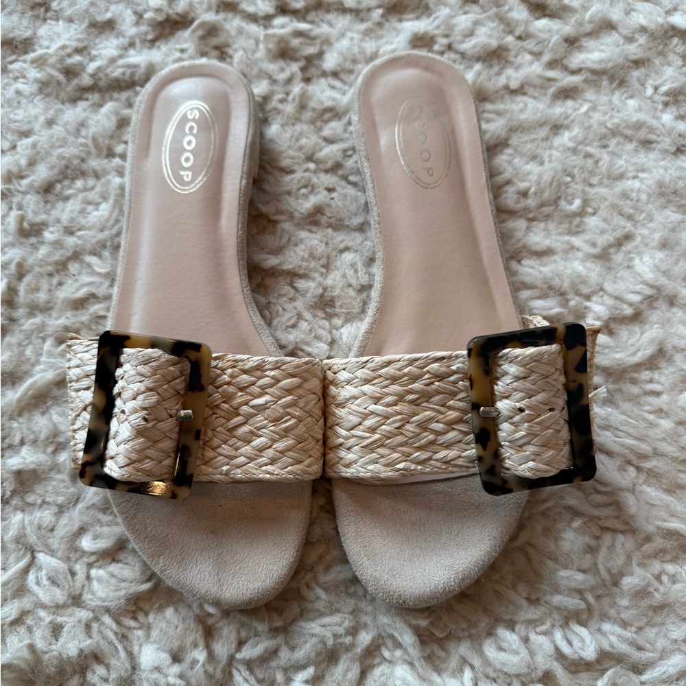 Cream and Brown Slide Sandals with Woven Strap